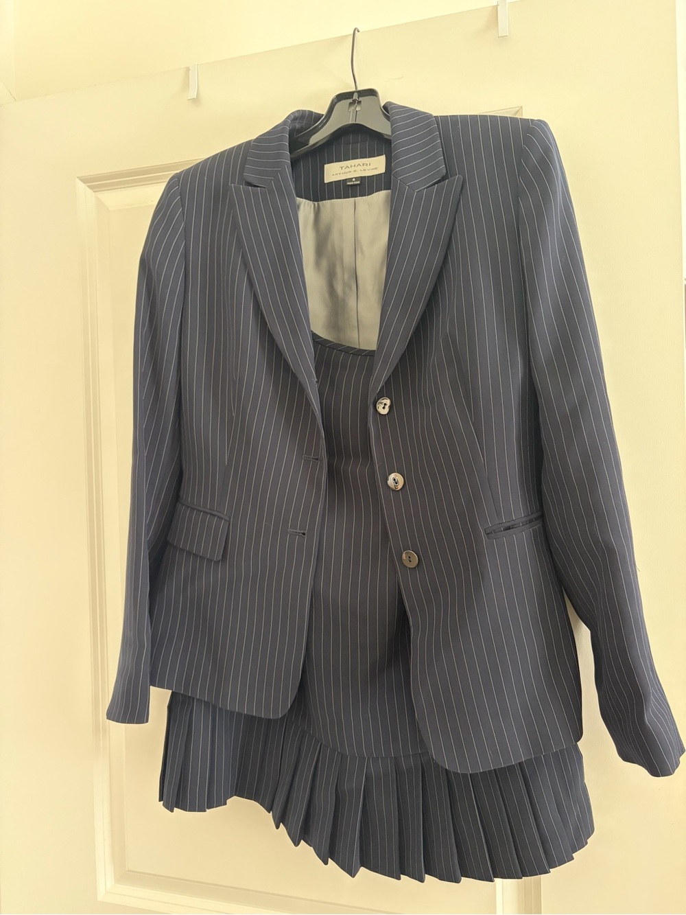 Tahari ASL Women's Navy Pinstripe Blazer and Skirt Set suit